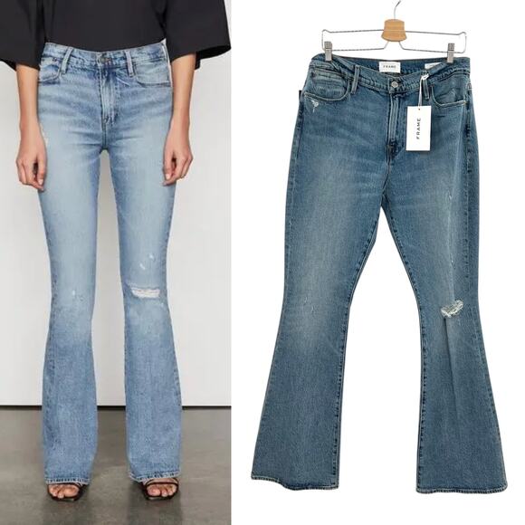 Frame Le High‎ Flare Jeans Denim Crystal Shores Rips Blue Size 32